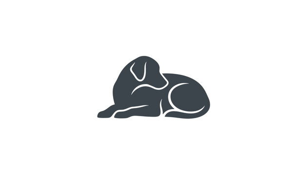 Minimalist dark silhouette of a loyal retriever dog lying down peacefully on a clean white background.
