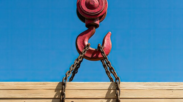 Red steel hook and chains lifting wooden beams against clear blue sky