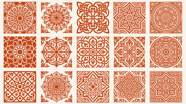 Intricate terracotta Moroccan tile patterns collection with geometric and floral arabesque designs on white background, Symbolizing traditional Mediterranean decor and home interior styling