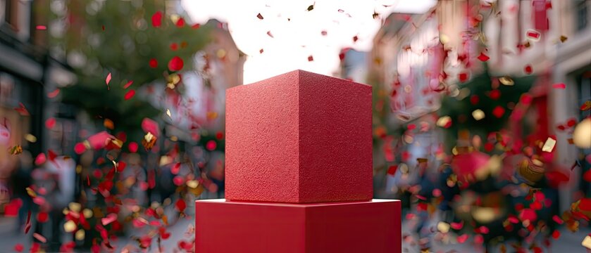 A red cube rests on a pedestal amidst falling confetti