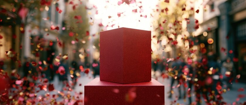 Red cube on pedestal amid falling red petals and blurry crowd