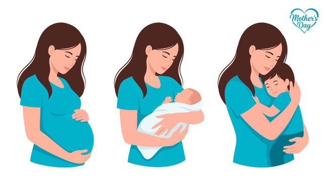 Set of flat vector illustrations depicting a woman through pregnancy, holding her newborn and hugging a toddler, Expressing the motherhood journey and symbolizing unconditional family love