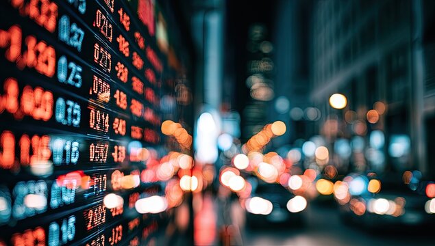 Glowing stock tickers in a neon-lit city street at night, with bokeh car lights