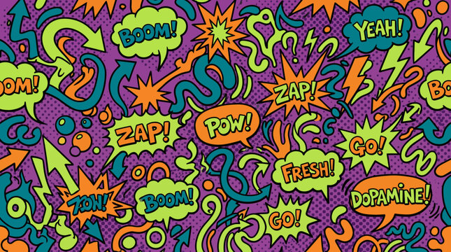 Colorful pop art seamless pattern with comic speech bubbles arrows and lightning bolts on purple halftone dots background, representing vibrant urban design or creative street style decor