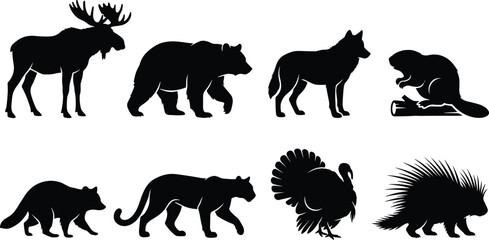 Obraz premium North American Wildlife Animal Silhouette Collection Featuring Moose Bear Wolf Beaver Cougar Turkey and Porcupine Vector Set
