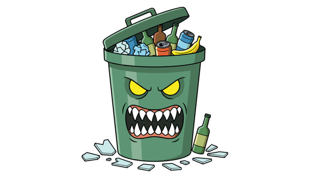 Monster trash can filled to the brim with garbage shows its sharp teeth and glowing yellow eyes on a white background.