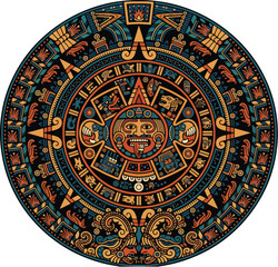 Obraz premium Intricate aztec calendar vector art depicting ancient symbols and glyphs in a detailed circular design, an aztec symbol