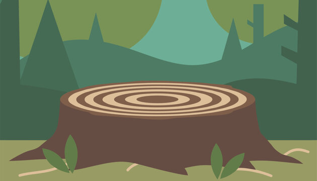 Large brown tree stump with visible seasonal age rings standing in the middle of a peaceful green forest landscape.