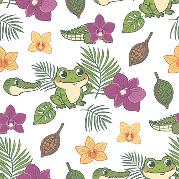 Cute cartoon frogs and alligators with tropical flowers