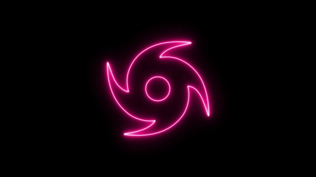 Neon Hurricane Cyclone Icon Glowing on Black Background, Tropical Storm Weather Symbol.