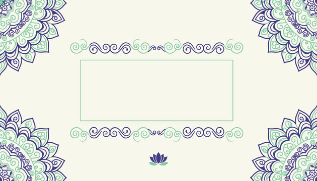 Elegant invitation card template features green and blue mandala patterns on each corner with a lotus flower.