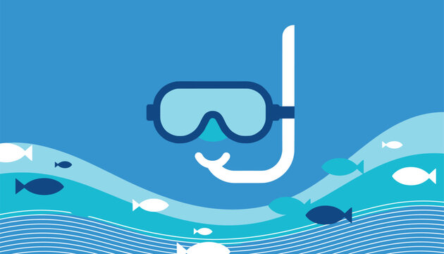 Blue diving mask and white snorkel for scuba diving and swimming underwater with tropical fish.