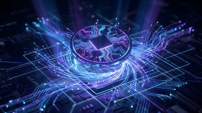 Quantum processor chip with glowing circuits on a motherboard representing advanced crypto technology