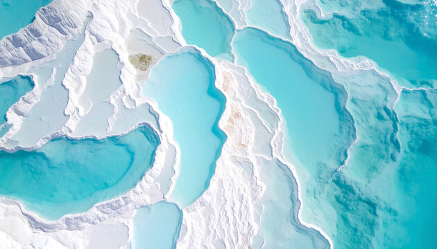 Abstrakte Luftaufnahme von oben auf eine geothermische Kieselsinter-Terrasse, scharfe geometrische wei&szlig;e Mineralkrusten um klare aquamarinfarbene Wasserbecken, feine Naturtextur