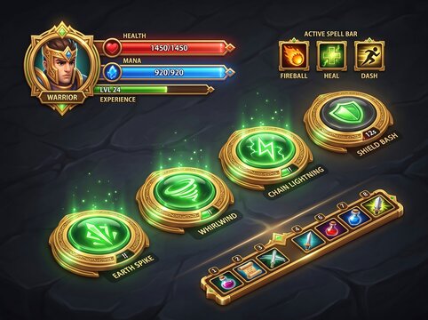 Fantasy RPG Game User Interface HUD Kit with Avatar HP MP Bars and Glowing Skill Icons