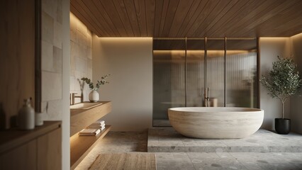 Fototapeta premium Bathtub sits in a modern minimalist bathroom featuring warm wooden ceiling panels and soft recessed lighting.
