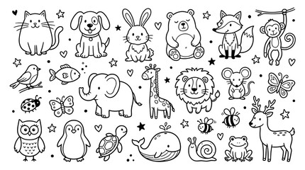 Obraz premium Collection of hand-drawn doodle animals and creatures in a simple outline style, with stars and hearts, suitable for kids' designs and decorations