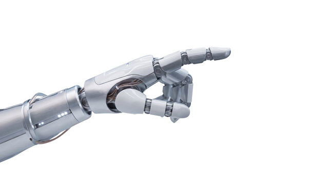  White cyborg robotic hand pointing his finger - isolated on free PNG background.