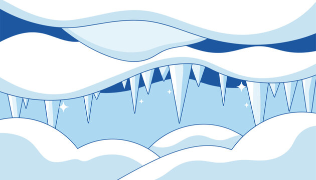 Sharp icy icicles hanging down from snowy ceilings inside a frozen winter cavern with shining star sparkles.