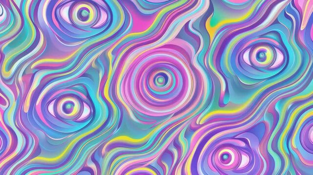 Abstract psychedelic illustration featuring surreal melting eyes, flowing liquid shapes, vibrant neon gradients, hypnotic seamless looping animation, 4K video