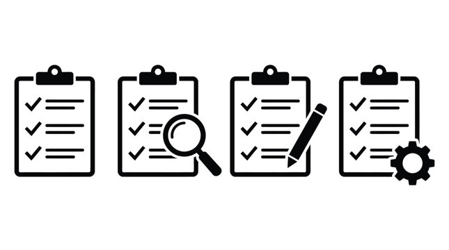 Checklist icon set with search, edit, and settings, clipboard task management symbol collection