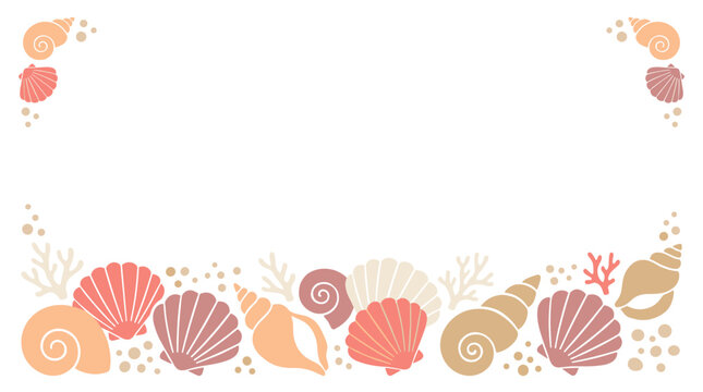 decorative border with assorted seashells and coral elements in soft pastel tones, beach theme illustration