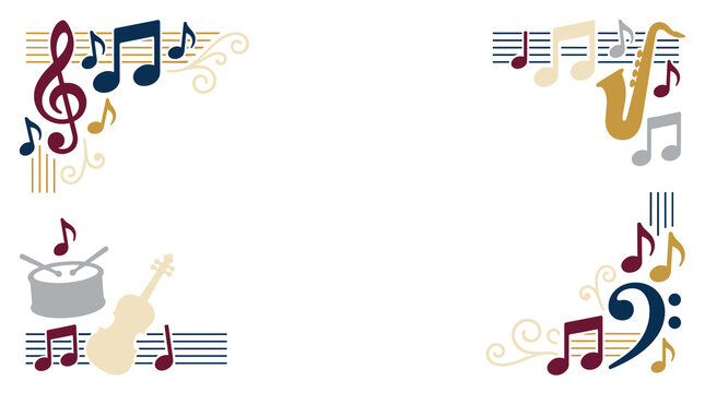 Decorative musical notes border with instruments like saxophone, drum, and guitar, featuring clefs and swirls, ideal for invitations and posters