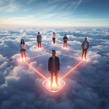 People standing on glowing network nodes above clouds in a digital connection concept