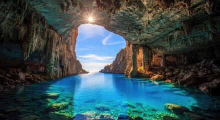 Naklejka premium Stunning sea cave opening to turquoise ocean water.