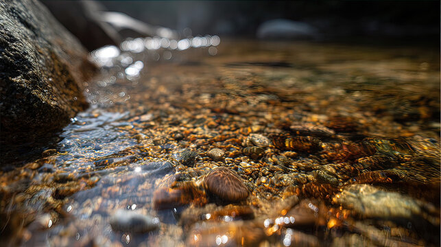 aperture. A clear mountain stream with smooth pebbles and small fish swimming. travel magazines, destination branding, designed for outdoor magazines and nature guides, used by graphic designers.
