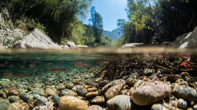 aperture. A clear mountain stream with smooth pebbles and small fish swimming. travel magazines, destination branding, designed for outdoor magazines and nature guides, used by graphic designers.
