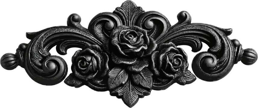 This intricate Victorian-style decorative element features a cast-iron design with engraved rose scrolls, accented by heavy black details and fine hatching lines, set against a white background