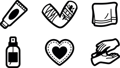 Fototapeta premium Black and white hand drawn bandage cream sanitizer and towel icons