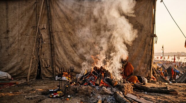 Kumbh Mela background, thick sacred smoke rising from a burning wood dhuni fire pit, background of a textured rustic canvas tent fabric