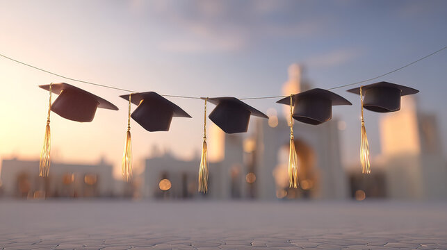 alumni. Academic caps suspended in air with golden tassels, evoking graduation pride and achievement. event programs, museum guides, designed for cultural heritage projects and event programs.
