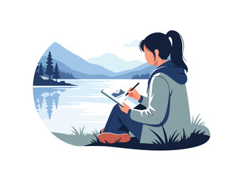 Flat style vector illustration of a woman sketching a peaceful mountain lake landscape outdoors. Perfect for travel, creativity, outdoor hobbies, nature inspiration and lifestyle themes © Amie