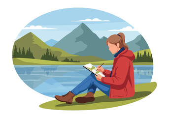 Flat style vector illustration of a woman sketching a peaceful mountain lake landscape outdoors. Perfect for travel, creativity, outdoor hobbies, nature inspiration and lifestyle themes © Amie