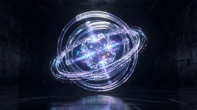 Futuristic quantum data core glowing brightly in a dark room with swirling neon lights