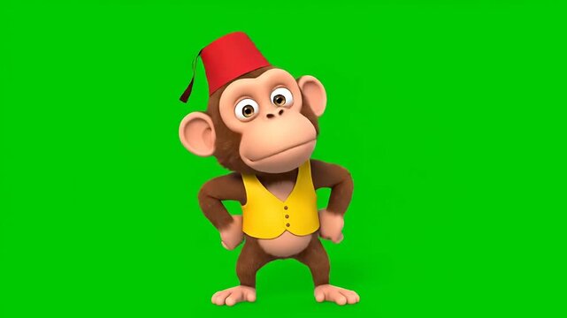 Funny cartoon monkey wearing a fez hat and vest dancing on green screen.
