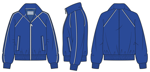 Unisex Track Jacket Fashion Flat Technical Drawing Template, Cobalt Blue, Front Side and Back View, Outerwear CAD Mockup © Liubov Hladka