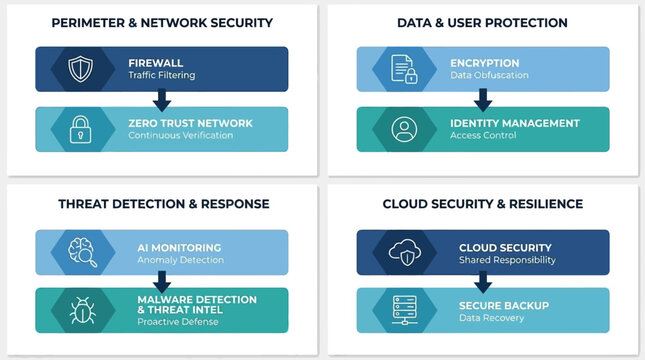 Comprehensive Cybersecurity Framework Illustrating Essential Protective Measures for Digital Infrastructure and System Integrity
