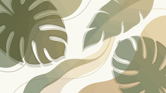 Modern abstract botanical illustration featuring monstera leaves and fluid organic shapes in muted earthy tones of green and beige