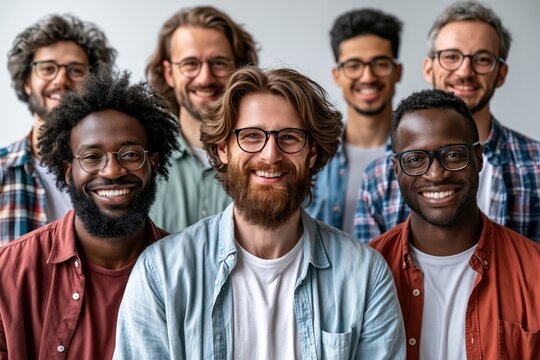 group of eight men stands close together in brightly lit room. They are smiling and looking at camera. men wear different styles of glasses and casual clothing