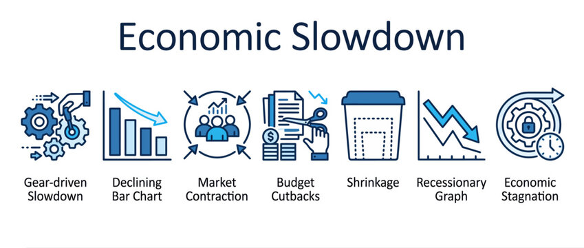 Economic slowdown icon set, financial recession line icons, market contraction vector
