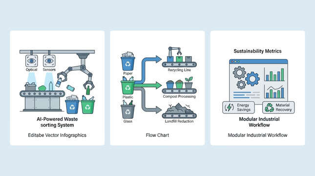 Automated Waste Management and Industrial Sustainability Workflow Infographic Set