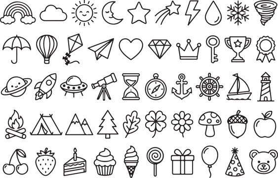 Cute minimal outline icon set for kids coloring page, vector line art elements