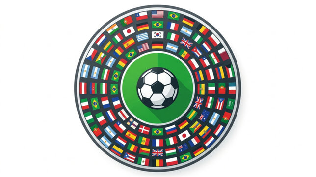 Global Soccer Concept with Central Football Ball and Circular World Flags Ring, Minimal Vector Design on White Background