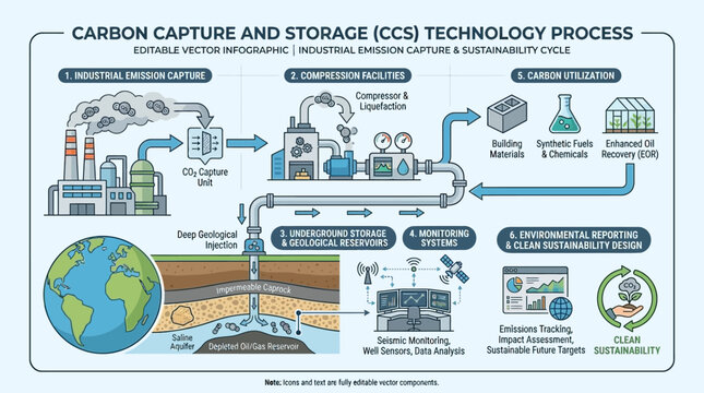 Industrial Carbon Capture and Storage System Workflow for Greenhouse Gas Mitigation and Ecological Preservation Infographic