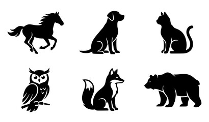 Animal Silhouette Collection Featuring Horse Dog Cat Owl Fox and Bear Vector Illustration © Keyapayal
