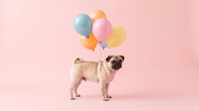Image is a whimsical, pastel-toned photograph featuring a pug standing on a smooth, light pink surface. The background is a seamless continuation of the same pink hue, creating a minimalist and cohesi